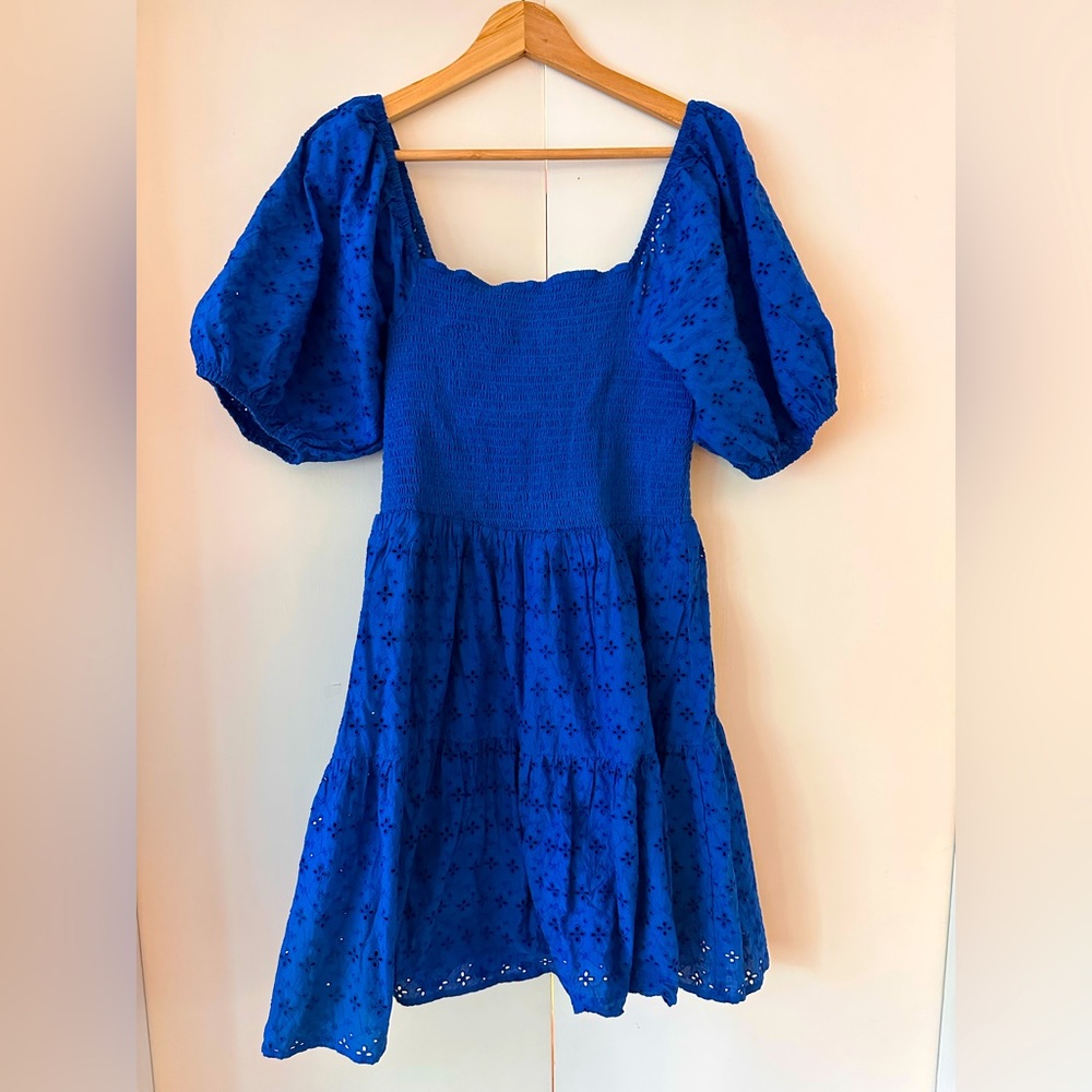 Blue Eyelet Smock Bodice Puffy Sleeve Sun Dress